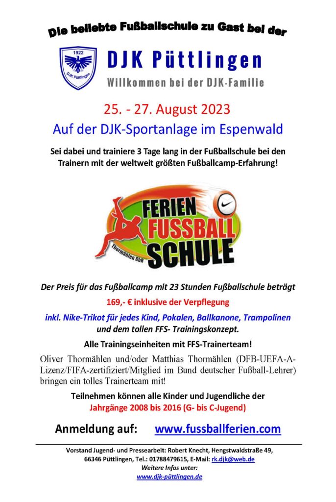 01.08.2023: Die beliebte Ferienfußballschule kommt Ende August wieder zur DJK Püttlingen