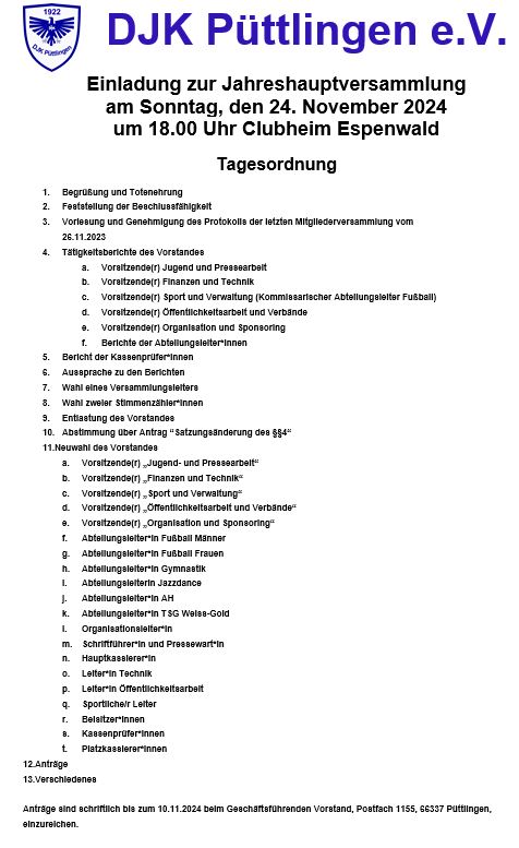Generalversammlung mit Neuwahlen am 24.11.2024 im Clubheim der DJK