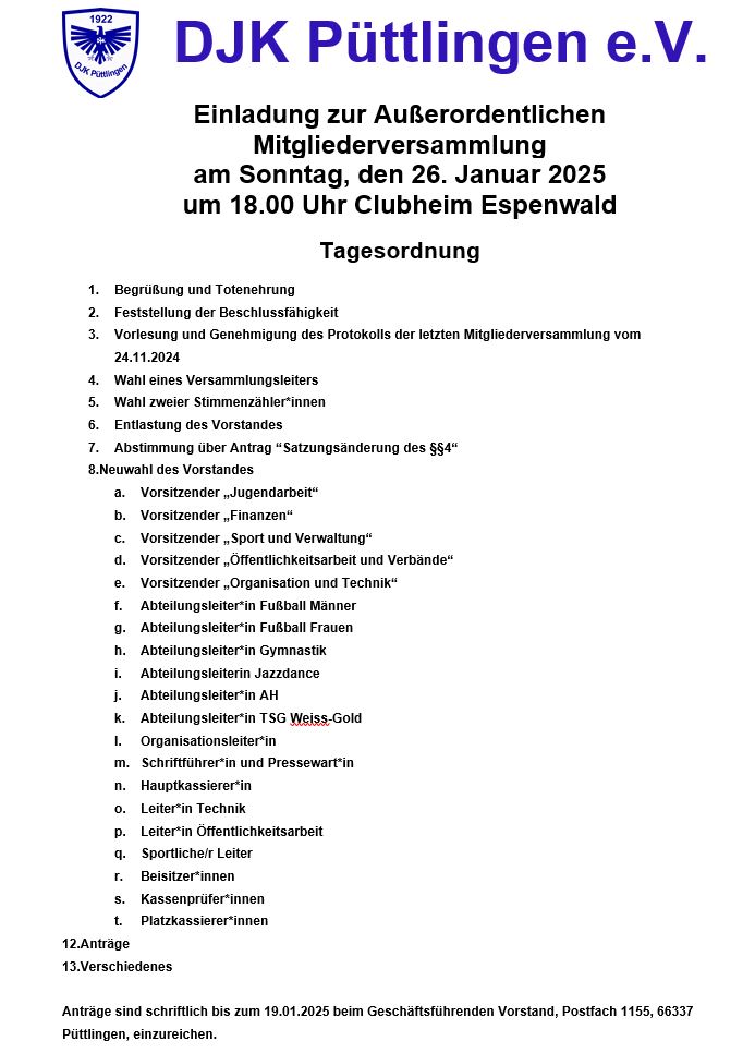 Außerordentliche Mitgliederversammlung mit Neuwahlen am 26.01.2025